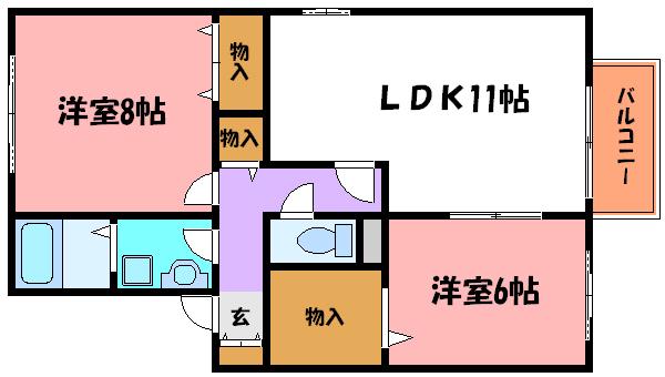 ラフィーネ二ツ屋(2LDK/1階)の間取り写真