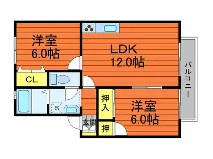 ハイカムール貝吹D棟(2LDK/2階)の間取り写真