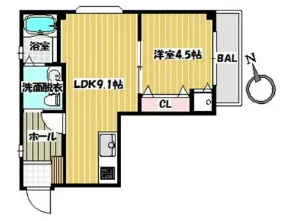 クレイドル室見B棟(1LDK/2階)の間取り写真