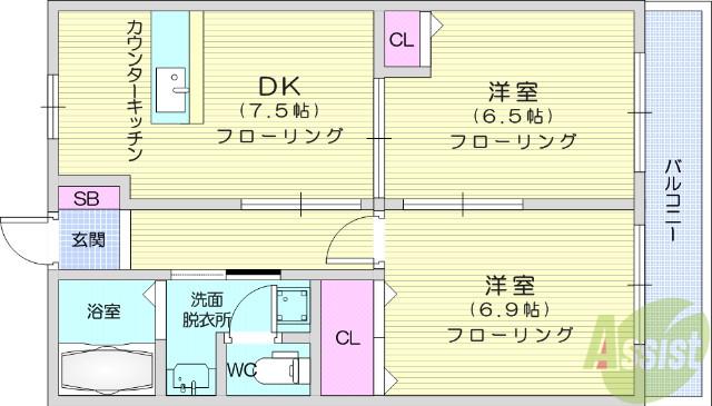 エスポワール松ヶ丘(2DK/1階)の間取り写真