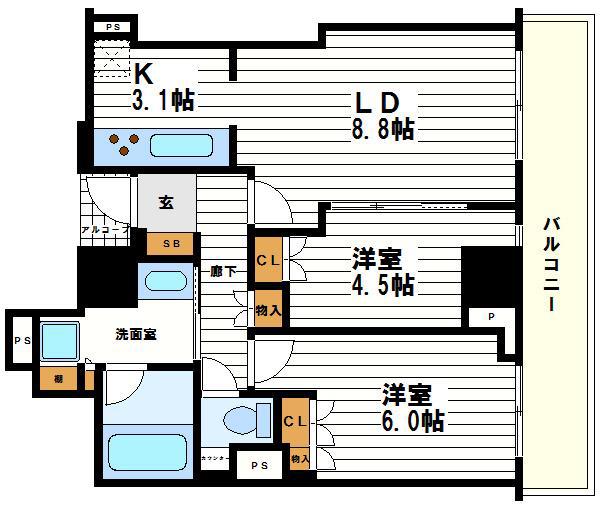 プラウドタワー安堂寺(2LDK/14階)の間取り写真