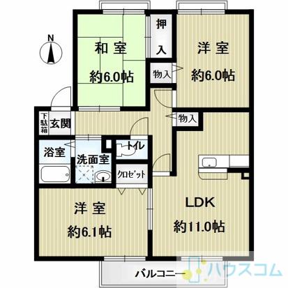 サンビレッジ南春日丘 B棟(3LDK/2階)の間取り写真