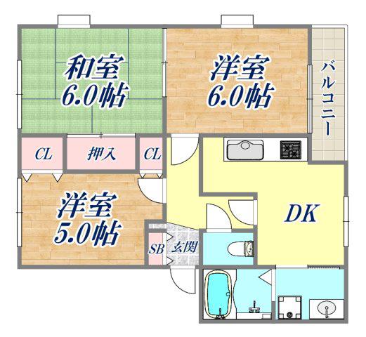 アドザックス北野C棟(3DK/2階)の間取り写真