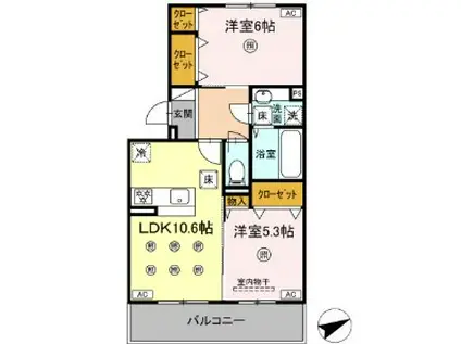 D-ROOM NISHIBARU B棟(2LDK/1階)の間取り写真