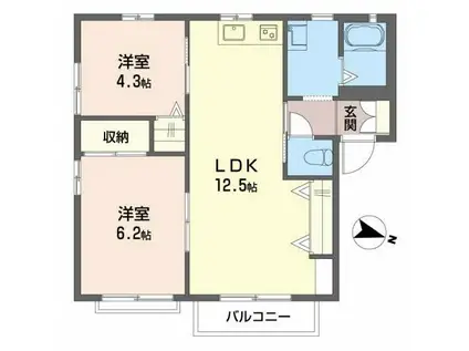 シャトレ庄内 B棟(2LDK/1階)の間取り写真