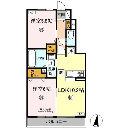 ミモザ熊本駅北 B(2LDK/1階)の間取り写真