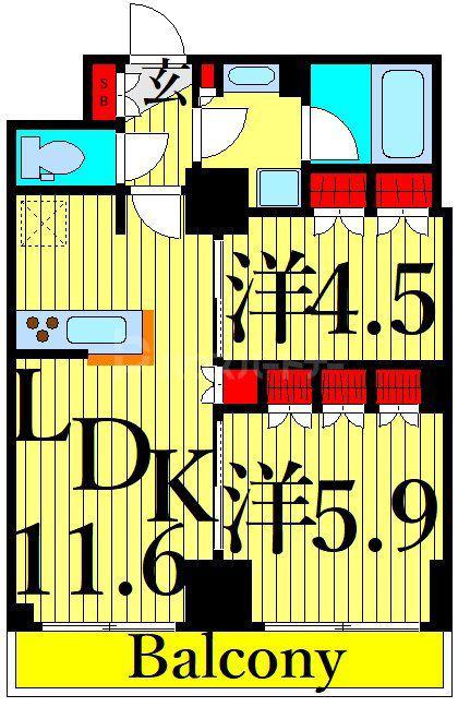 ONE ROOF RESIDENCE NISHI NIPPORI(2LDK/15階)の間取り写真