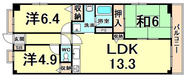 アミスタ塚口(3LDK/6階)の間取り写真