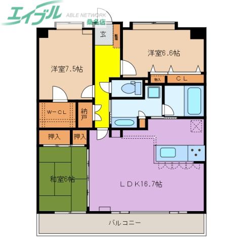 ポレスター新西方(3LDK/6階)の間取り写真