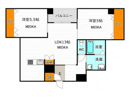 シャトー鶴ヶ丘(2LDK/5階)の間取り写真