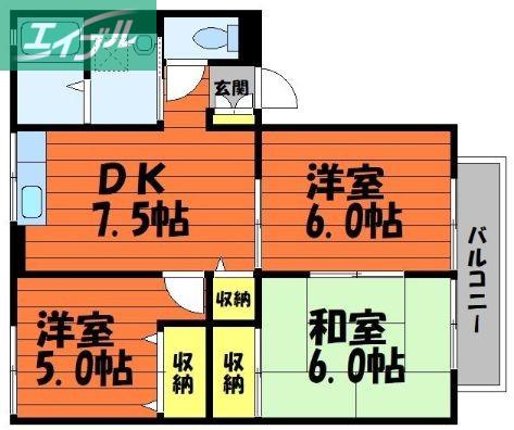 シティハイム早島A棟(3DK/2階)の間取り写真