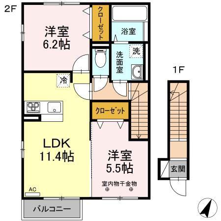 ドミール八幡II A(2LDK/2階)の間取り写真