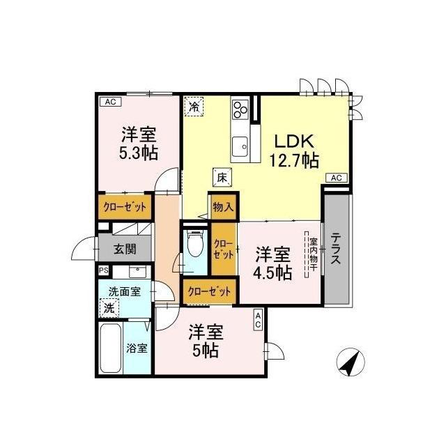 D-ROOM甲府市国母 B棟(3LDK/1階)の間取り写真