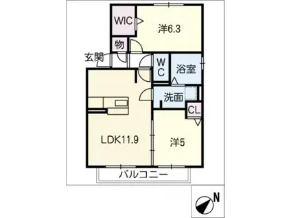 リアンII(2LDK/1階)の間取り写真