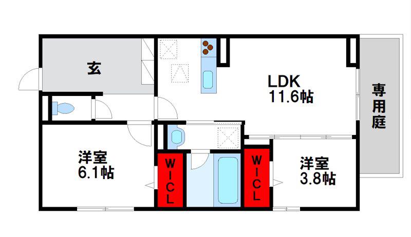 PURE WIND GARDEN B棟(2LDK/1階)の間取り写真