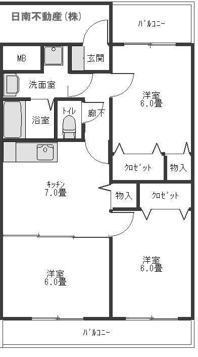スカイヒルズマンション(3DK/1階)の間取り写真