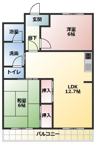 大平コーポラスI(2LDK/4階)の間取り写真