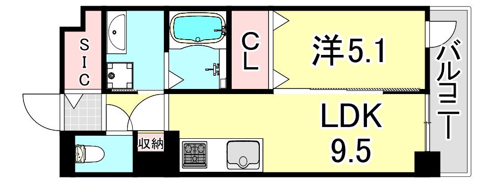 フレンシア西宮北口(1LDK/5階)の間取り写真