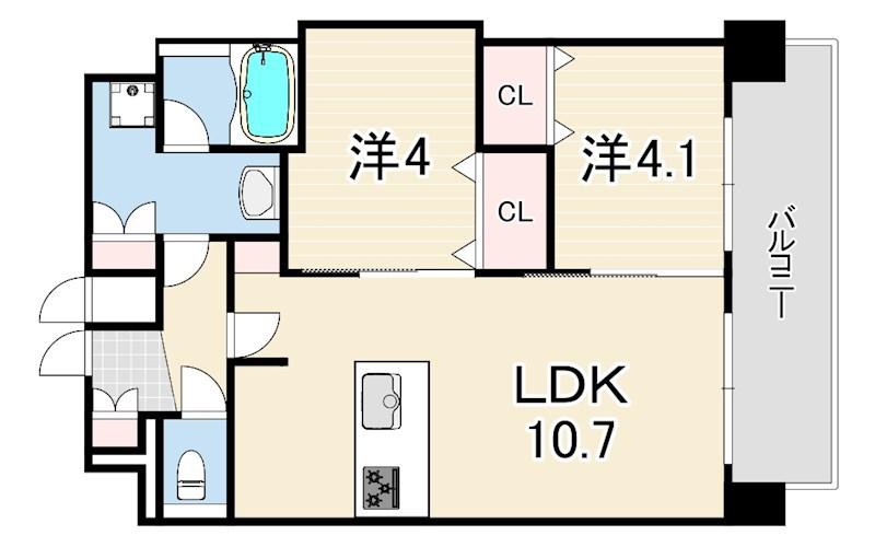 プレリス尼崎レーネヴィア(2LDK/14階)の間取り写真