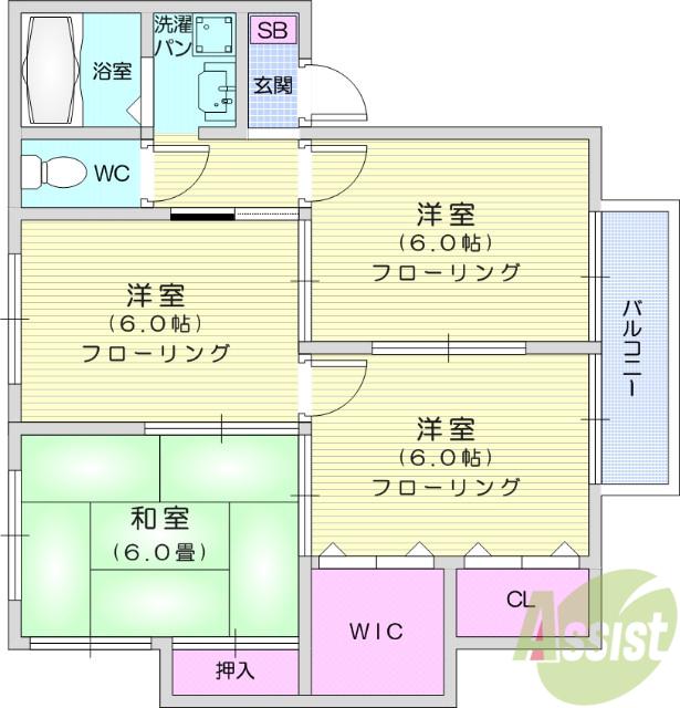 グラン・レーヴB棟(3DK/2階)の間取り写真