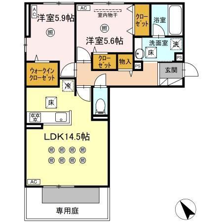 ＪＲ筑豊本線 二島駅 徒歩19分 2階建 築1年(2LDK/1階)の間取り写真