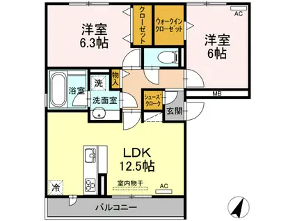 サニープレイス十一屋 B棟(2LDK/3階)の間取り写真