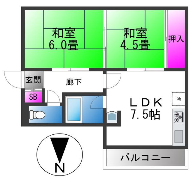D2ハウス若江岩田(2LDK/3階)の間取り写真