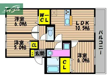 ハイカムールウエストリバーA棟(3LDK/1階)の間取り写真