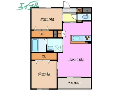シュクル(2LDK/2階)の間取り写真