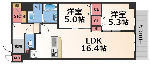 プレサンスNEO新深江リュミエル(2LDK/2階)の間取り写真