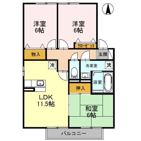 ハイツミモザA棟(3LDK/2階)の間取り写真