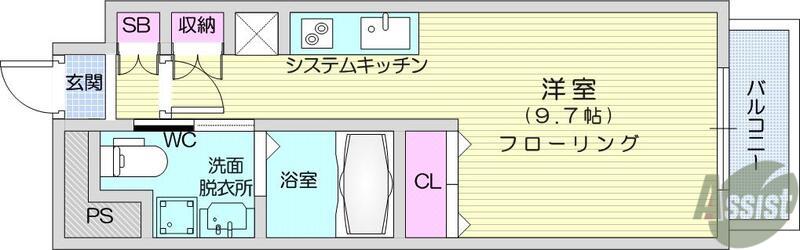 メルヴェーユ東八番丁(ワンルーム/2階)の間取り写真