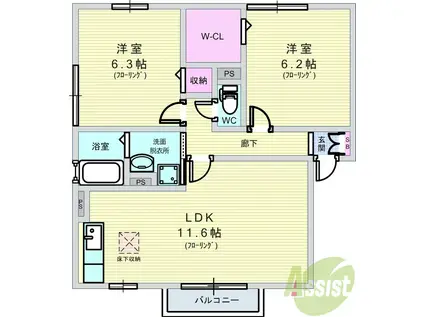 ウエストリヴァーⅡ(2LDK/2階)の間取り写真