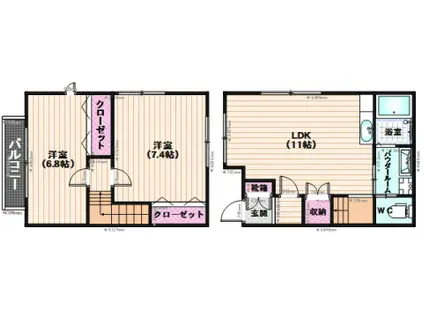タウンハウス パステル1号館(2LDK/2階)の間取り写真