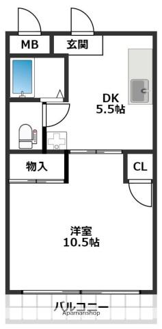 ジュネス鶴園(1DK/2階)の間取り写真