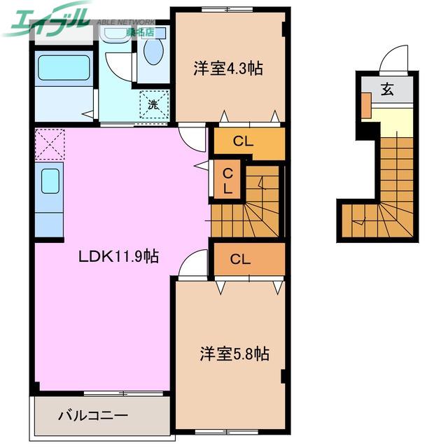 オーブリー東方(2LDK/2階)の間取り写真