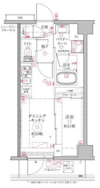 クレイシアIDZ二子新地(1DK/6階)の間取り写真