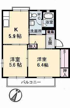 ディアスパルティールB棟(2K/2階)の間取り写真
