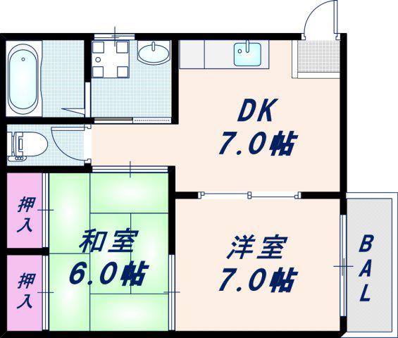 フェリスガーデン(2DK/1階)の間取り写真