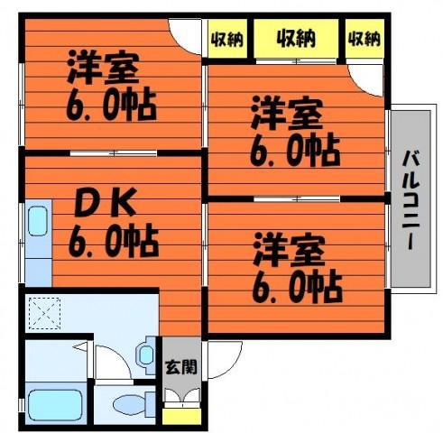 プレセジュール貝原 A棟(3DK/1階)の間取り写真