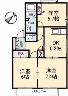 パークメゾン砂田B棟(3DK/1階)の間取り写真