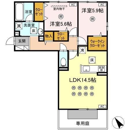 ＪＲ筑豊本線 二島駅 徒歩19分 2階建 築1年(2LDK/1階)の間取り写真