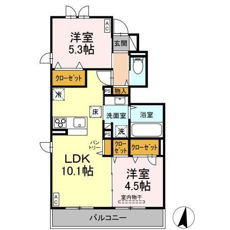 トリシア中條 B(2LDK/1階)の間取り写真