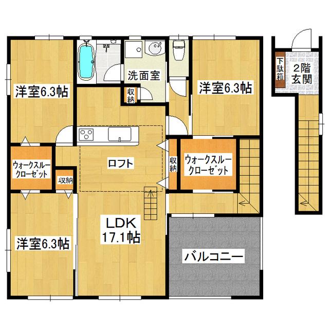 カーザ サンパティー カルティエ アンB(3LDK/2階)の間取り写真