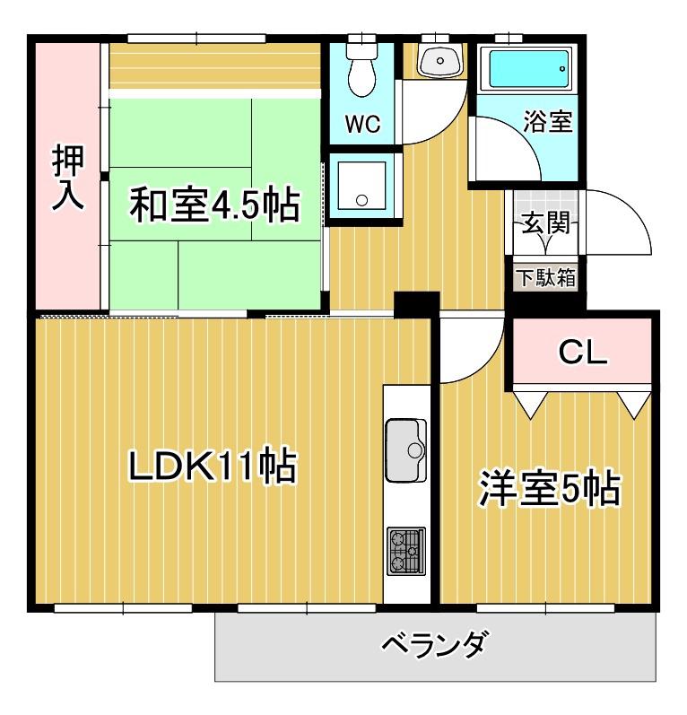 如意谷5号棟(2LDK/4階)の間取り写真