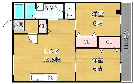 レオハイム木屋(2LDK/4階)の間取り写真