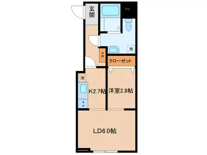 メリディアン多賀城南宮 弐番館(1LDK/2階)の間取り写真