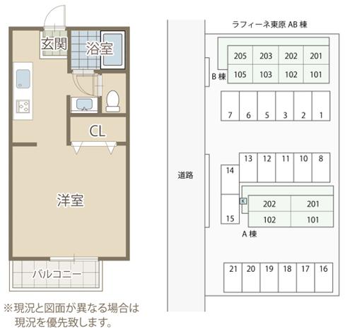 ラフィーネ東原 B棟(1K/2階)の間取り写真