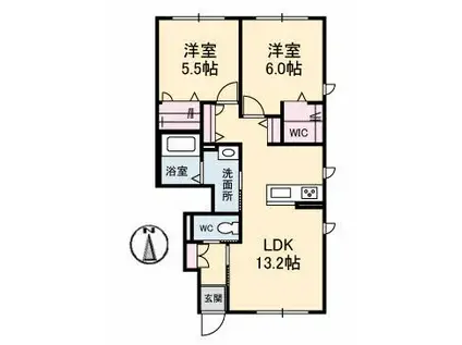 テラスコート船穂C(2LDK/1階)の間取り写真