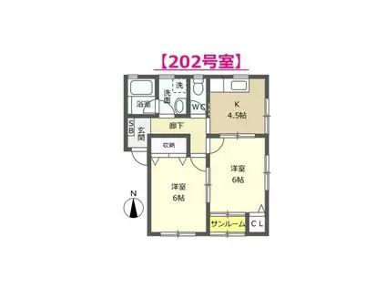 ライトハウス C棟(2K/2階)の間取り写真